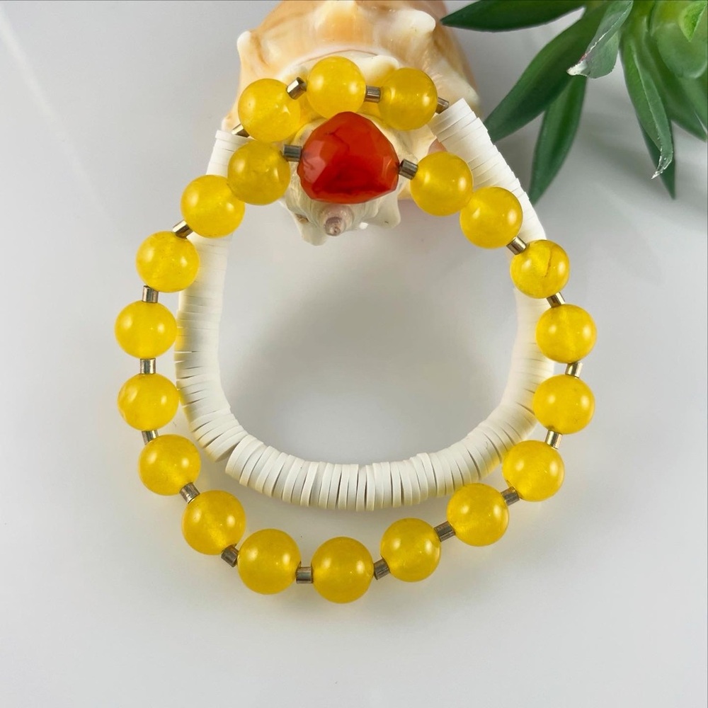 925 Sterling Silver SET of 2 Natural Yellow Jade / Carnelian & White Heishi Clay